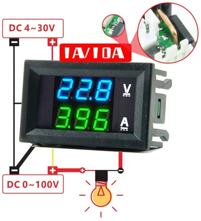diymore 5PCS 0.28" Volt Amp Meter Digital Voltmeter Ammeter DC 100V 10A Waterproof Dual Display Current Voltage Meter Mini Ammeter Voltmeter 3 Bits Dual LED Display Panel(Blue-Green) - Image 4
