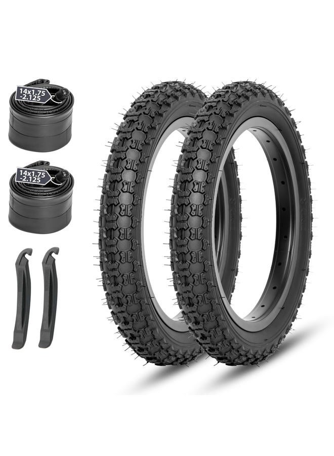 MOHEGIA Kids Bike Tires Replacement Set: 2-Pack 14x2.125 inch (57-264 mm) Folding Bicycle Tires and Pair 14-inch Inner Tubes Schrader Valve with Tire Levers - Image 1