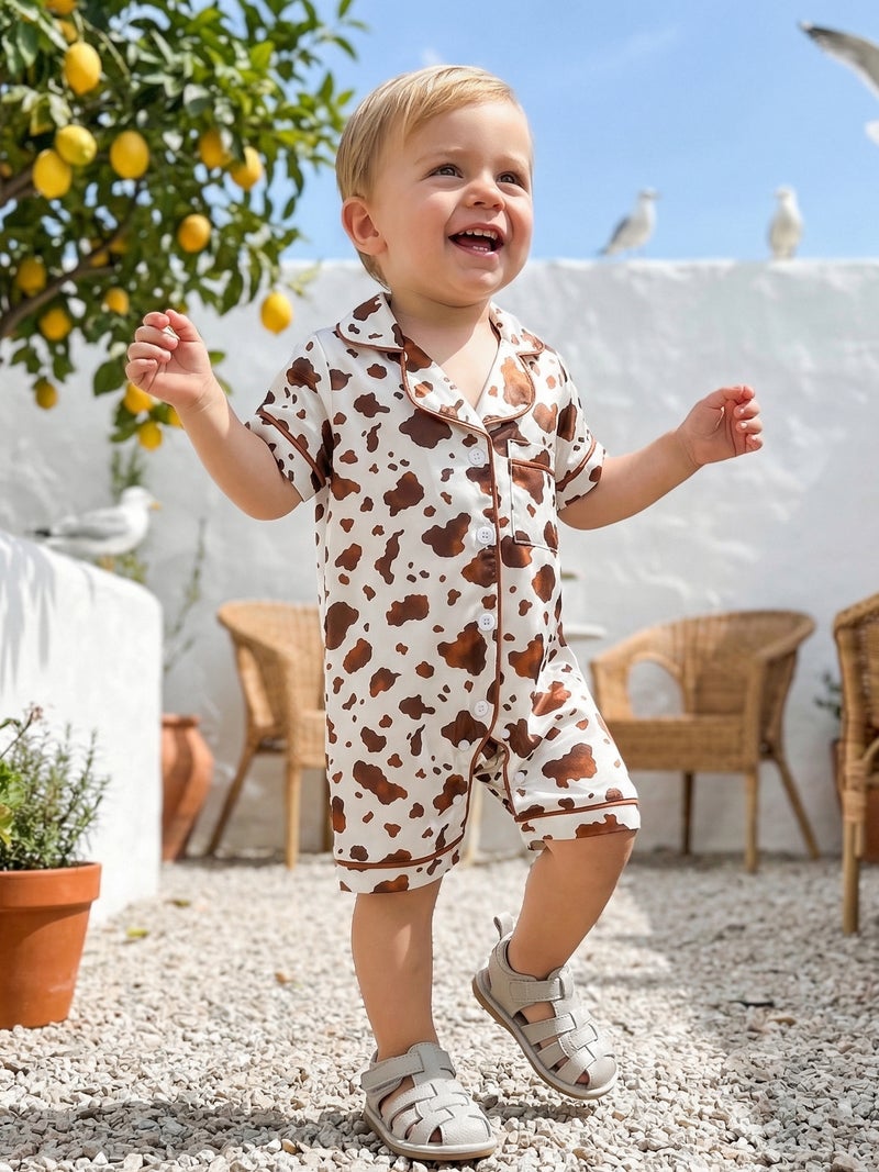 Baby Boys Girls Summer Pajamas Adorable Cow Print Short Sleeve Turn Down Collar Button Down Jumpsuit - Image 3