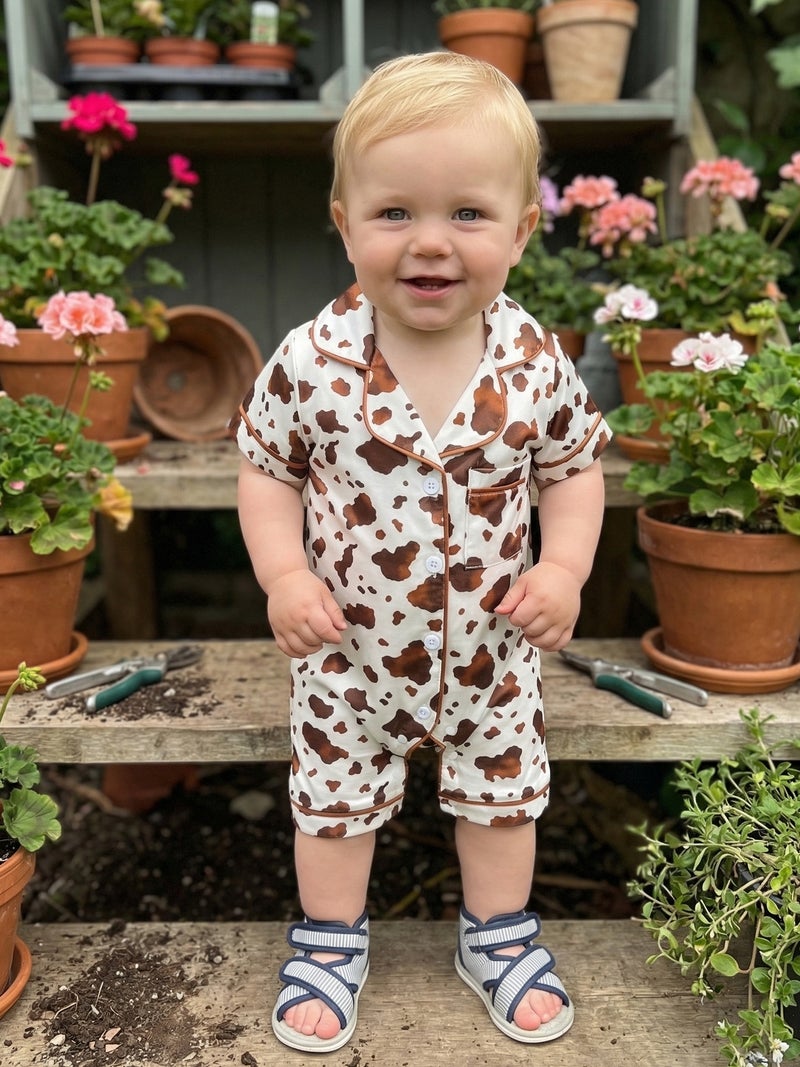 Baby Boys Girls Summer Pajamas Adorable Cow Print Short Sleeve Turn Down Collar Button Down Jumpsuit - Image 2