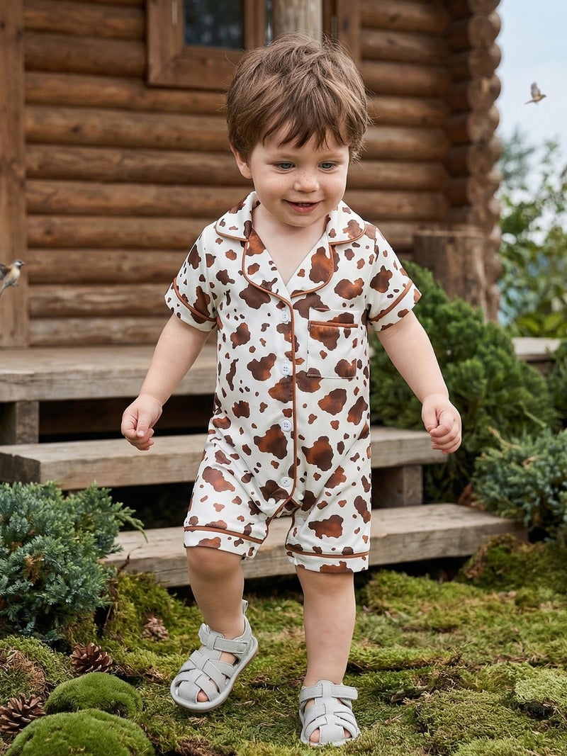 Baby Boys Girls Summer Pajamas Adorable Cow Print Short Sleeve Turn Down Collar Button Down Jumpsuit - Image 1