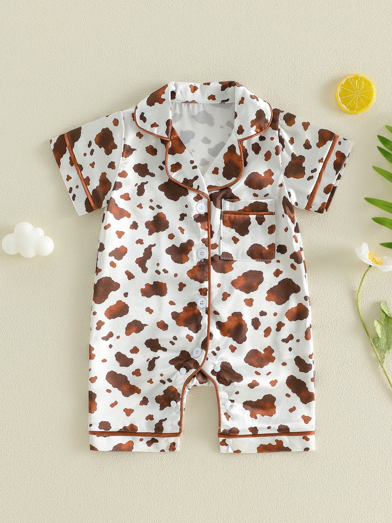 Baby Boys Girls Summer Pajamas Adorable Cow Print Short Sleeve Turn Down Collar Button Down Jumpsuit - Image 4