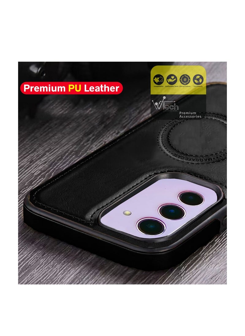 Wtech - Luxury Leather Magnetic Wireless Charging Original MagSafe Shockproof Case Cover For Samsung Galaxy S23 Black - Image 1