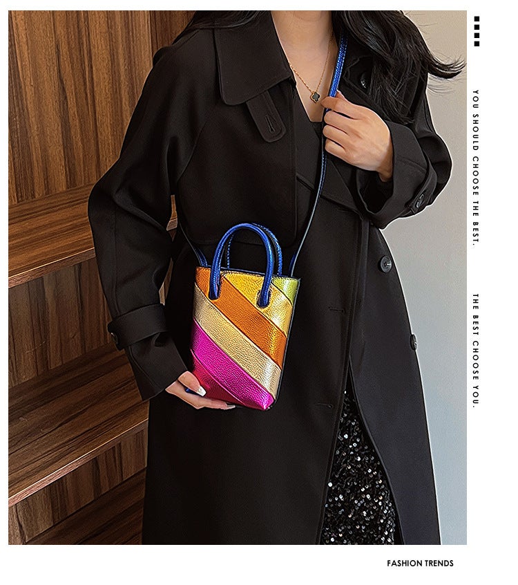Wind Bag Women'S Explosive Color Block Stitching Contrast Color Trendy Bucket Bag Mini Fashionable Small Handbag Women'S Crossbody Bag - Image 2