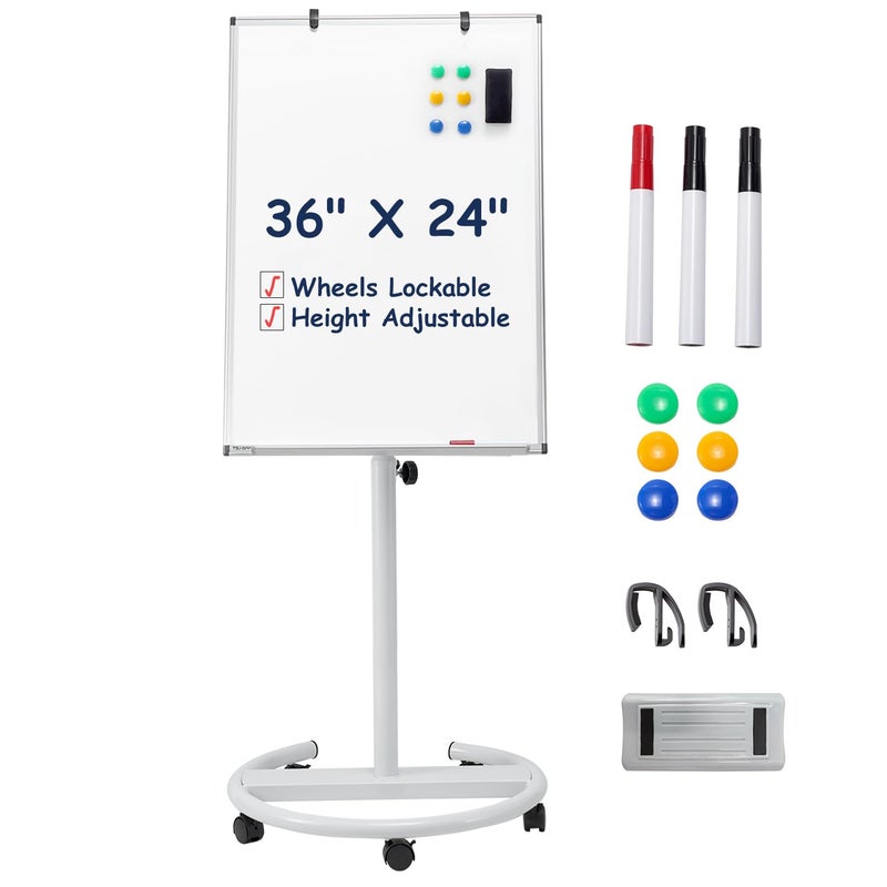 TSJ OFFICE Mobile Whiteboard Standing 36 X 24 Inches Magnetic Dry Erase Easel Height Adjustable Rolling White Board on Wheels with Flip Chart Hooks White - Image 2