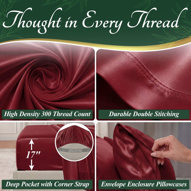 DECOLURE 100% Viscose Derived from Bamboo Sheets Queen Size - Luxury 6 Pc Naturally Cooling Sheets, Ultra Soft Bed Set - Deep 17" Pockets, Durable Double Stitching, Oeko Tex Standard (Burgundy) - Image 4