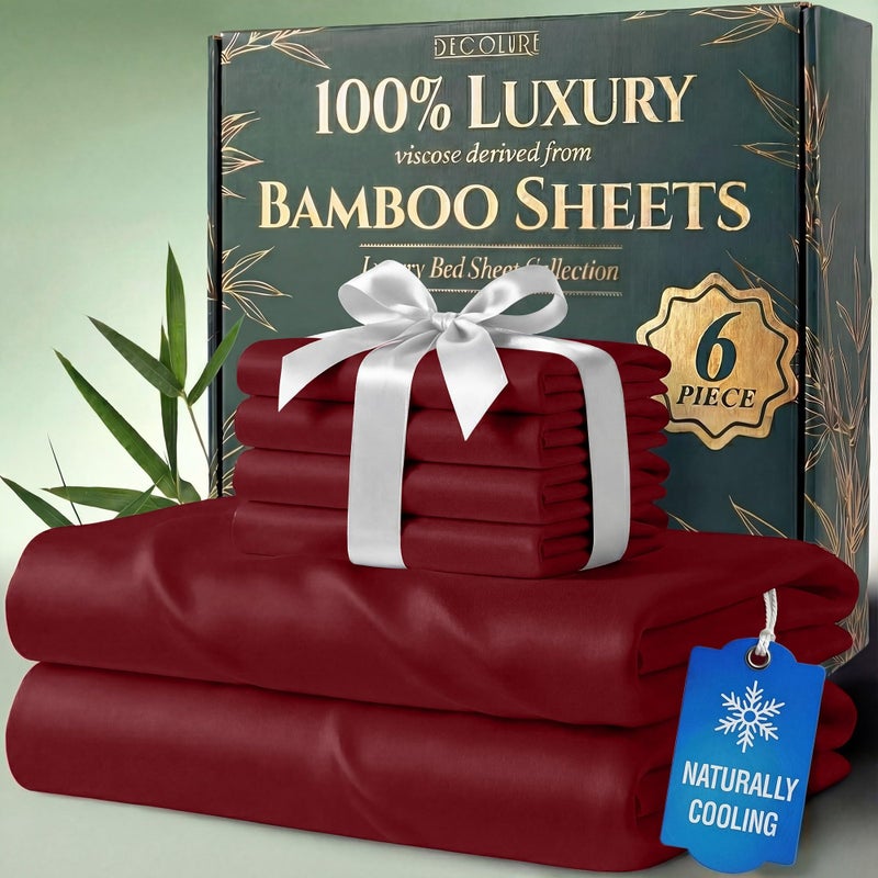 DECOLURE 100% Viscose Derived from Bamboo Sheets Queen Size - Luxury 6 Pc Naturally Cooling Sheets, Ultra Soft Bed Set - Deep 17" Pockets, Durable Double Stitching, Oeko Tex Standard (Burgundy) - Image 1