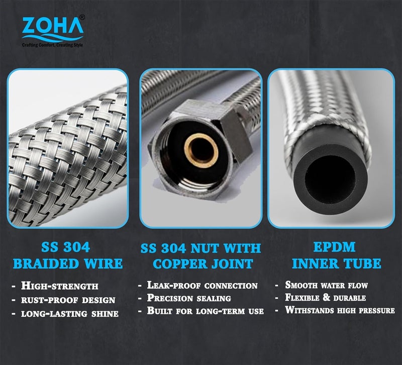 Zoha Premium SS 304 Braided Steel Water Supply Line, Rust-Proof Flexible Connection Pipe, 1/2 Inch Diameter, with EPDM Inner Tube, for Kitchen and Bathroom Fittings (30 Inch) - Image 3