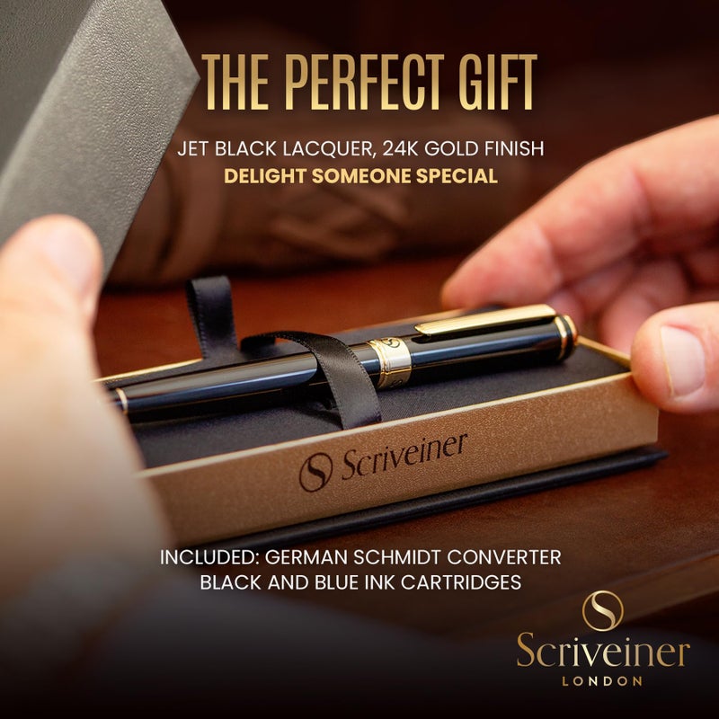 Scriveiner Luxury Fountain Pen - Stunning Black Lacquer Pen, 24K Gold Finish, Schmidt 18K Gilded Nib (Medium), Converter, Best Pen Gift Set for Men & Women, Professional, Executive, Office, Nice Pens - Image 3