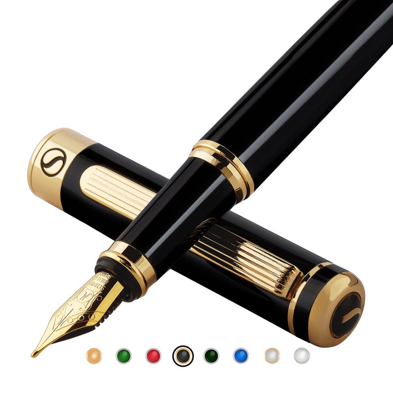Scriveiner Luxury Fountain Pen - Stunning Black Lacquer Pen, 24K Gold Finish, Schmidt 18K Gilded Nib (Medium), Converter, Best Pen Gift Set for Men & Women, Professional, Executive, Office, Nice Pens - Image 1