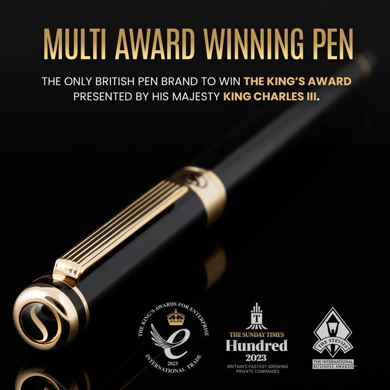 Scriveiner Luxury Fountain Pen - Stunning Black Lacquer Pen, 24K Gold Finish, Schmidt 18K Gilded Nib (Medium), Converter, Best Pen Gift Set for Men & Women, Professional, Executive, Office, Nice Pens - Image 2