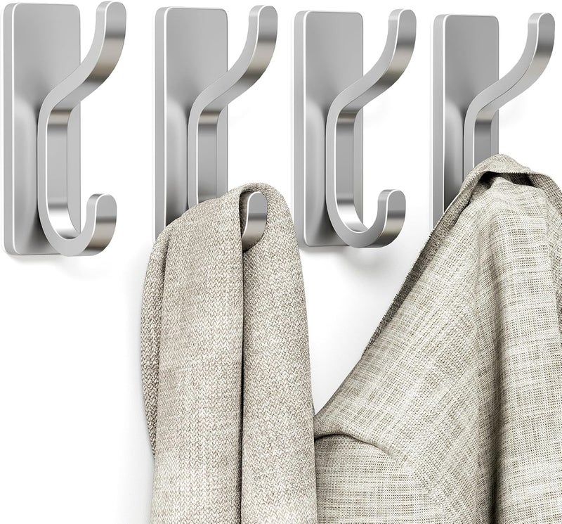 pickpiff Adhesive Wall Coat Hooks - Heavy Duty Stick-On Door Hanger, Metal Hook for Hanging Towel,Purse, Robe, Backpack, Jacket, Clothes - for Bathroom,Dorm, Closet, Kitchen - Silver, 4 Pack - Image 2