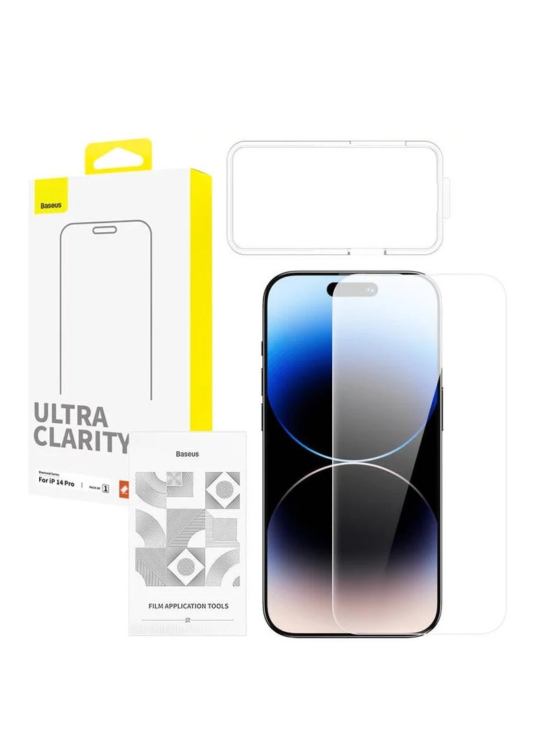بيسوس واقي شاشة OS-Baseus Diamond Series HD مصنوع بالكامل من الزجاج المقوى لجهاز iP 14 Pro Max، شفاف (عبوة من قطعة واحدة، مع مجموعة تنظيف وأداة تثبيت EasyStick) - Image 1