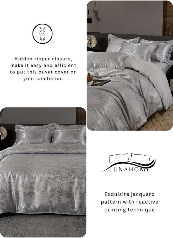 LUNA Home - Satin Jacquard King size 6 piece duvet cover set, grey bohemia style bedding set. - Image 1