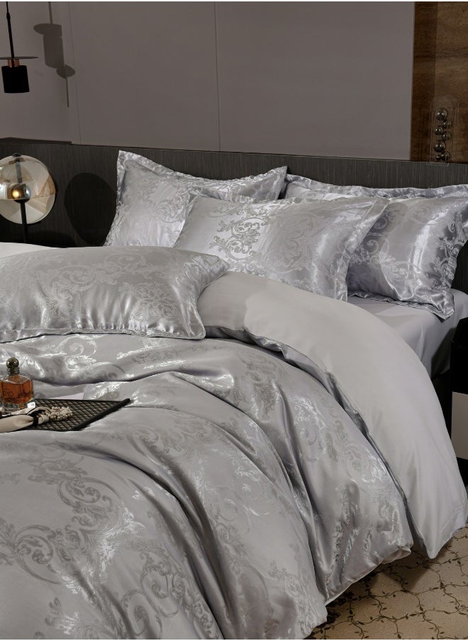LUNA Home - Satin Jacquard King size 6 piece duvet cover set, grey bohemia style bedding set. - Image 1