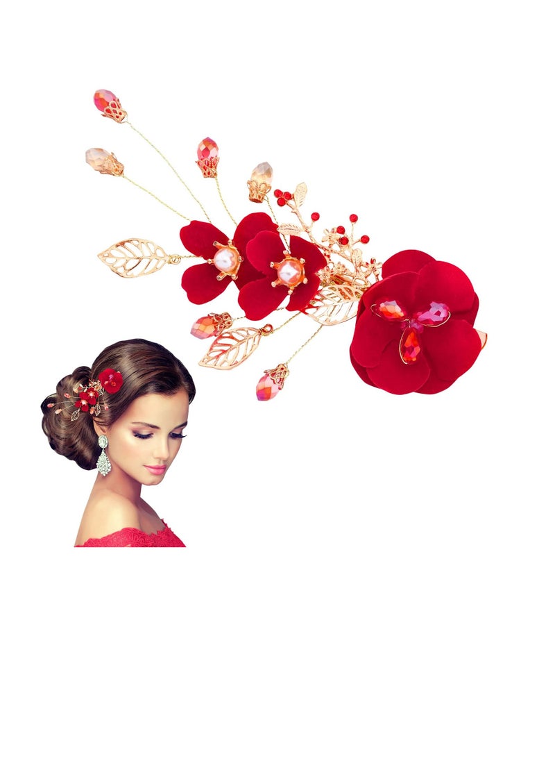 Excefore Red Rose Flower Hair Clips, Red Wedding Hair Clip for Bridal, Side Combs Women Hair Jewelry Accessories, Perfect for Weddings, Anniversaries, and Special Occasions  - Image 1