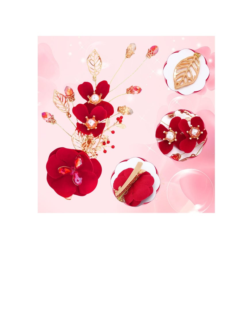 Excefore Red Rose Flower Hair Clips, Red Wedding Hair Clip for Bridal, Side Combs Women Hair Jewelry Accessories, Perfect for Weddings, Anniversaries, and Special Occasions  - Image 3