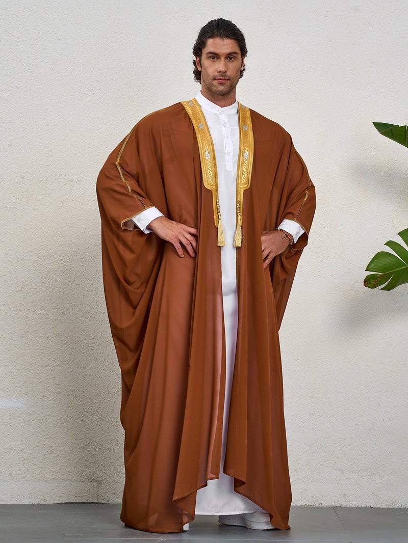 هو جومبو [AR] MSL162 Ramadan Thobe Men's Embroidered Contrast Color Long-sleeved Cape - Image 1