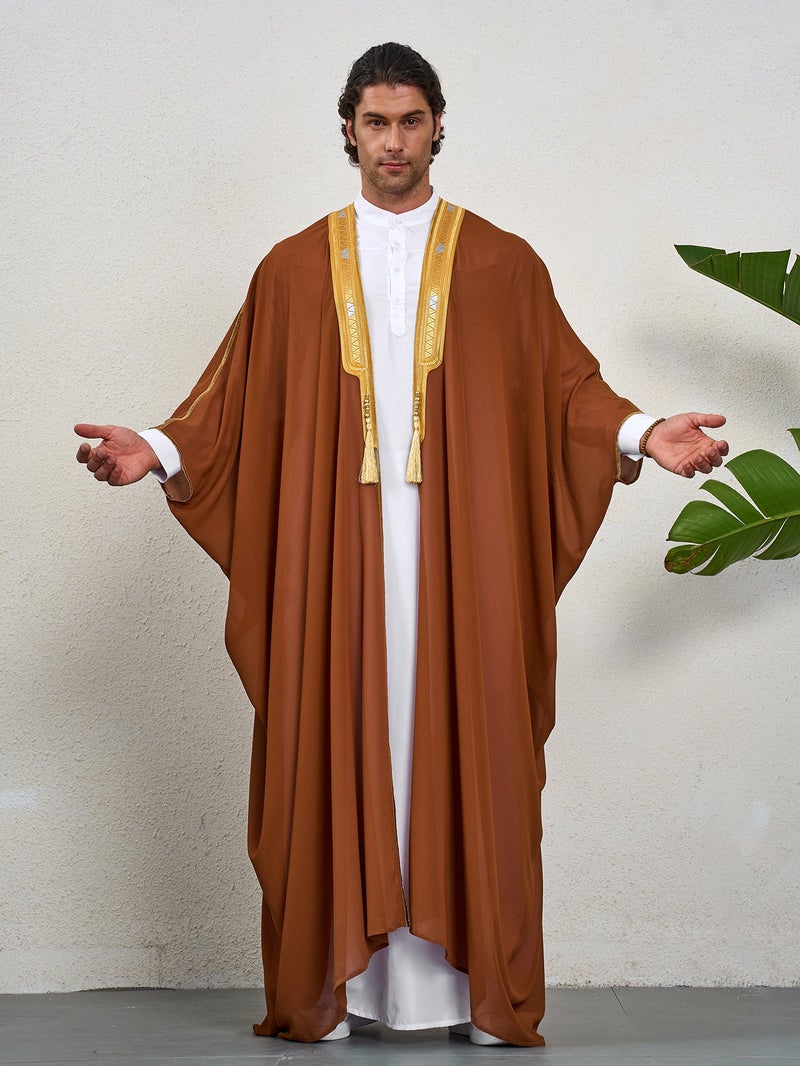 هو جومبو [AR] MSL162 Ramadan Thobe Men's Embroidered Contrast Color Long-sleeved Cape - Image 3