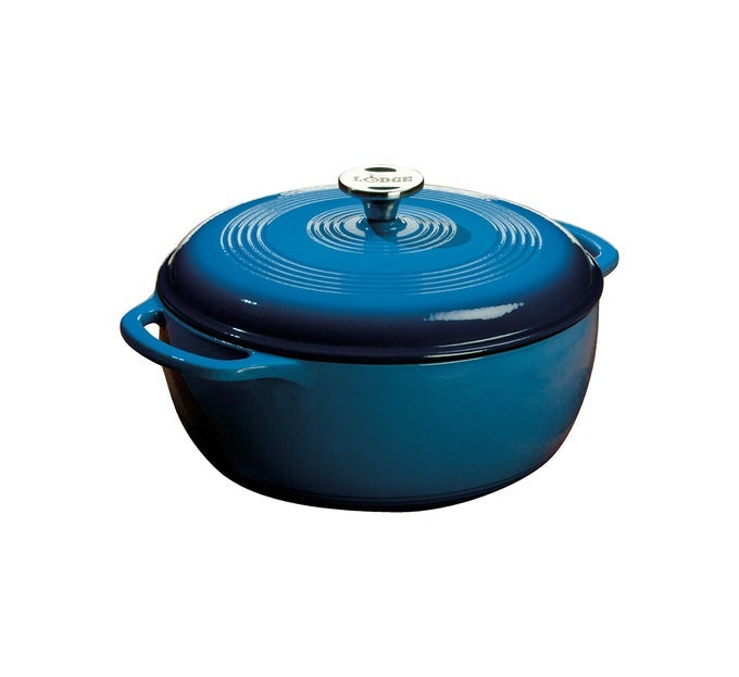 6 QUART ENAMELED CAST IRON DUTCH OVEN WITH LID DUAL HANDLES OVEN SAFE UP TO 500 F OR ON STOVETOP USE TO MARINATE COOK BAKE REFRIGERATE AND SERVE BLUE