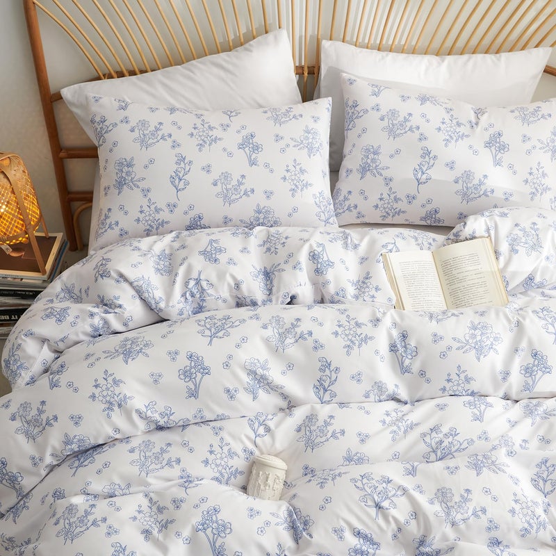 Nayoroom Blue Floral Duvet Cover Queen Size Cottagecore Flower Leaf Spring Comforter Cover 3 Pcs Soft Breathable Microfiber Pastoral Aesthetic Bedding Set with Zipper Closure - Image 3