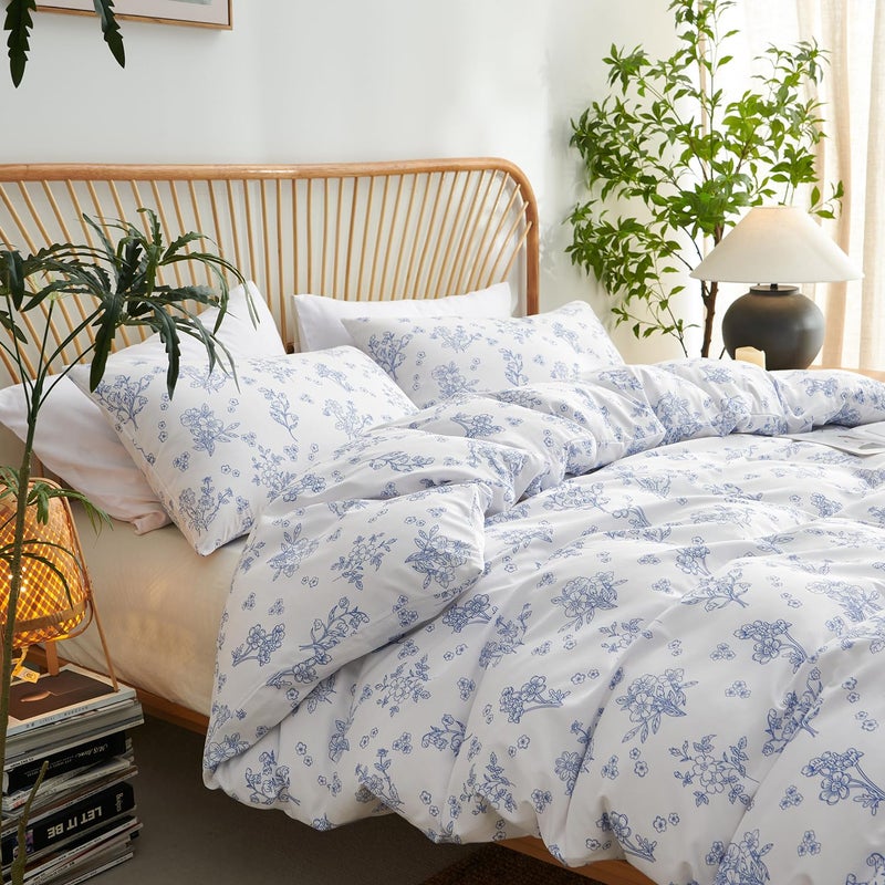 Nayoroom Blue Floral Duvet Cover Queen Size Cottagecore Flower Leaf Spring Comforter Cover 3 Pcs Soft Breathable Microfiber Pastoral Aesthetic Bedding Set with Zipper Closure - Image 1