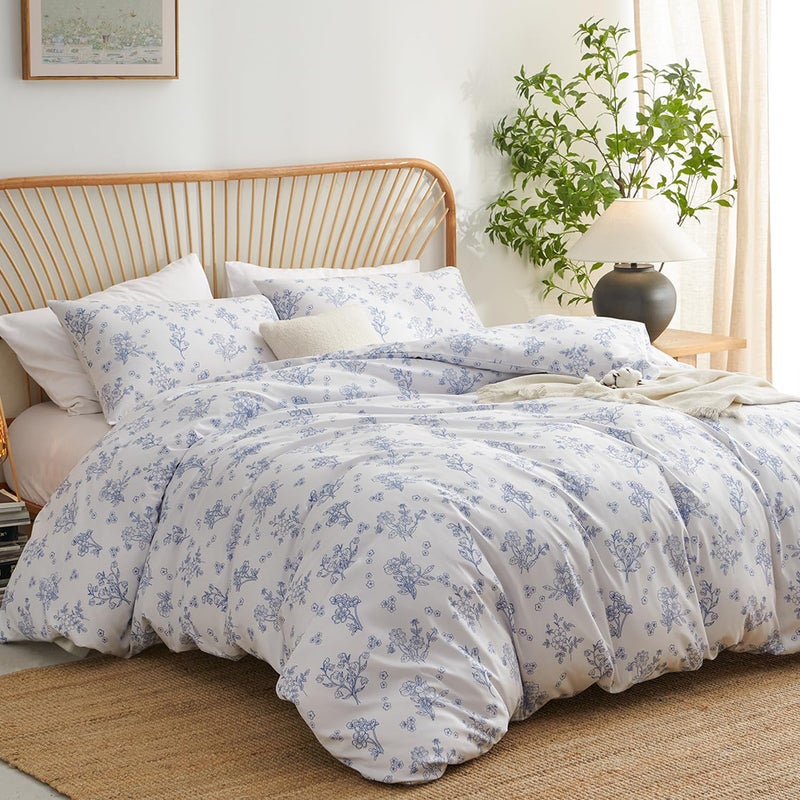 Nayoroom Blue Floral Duvet Cover Queen Size Cottagecore Flower Leaf Spring Comforter Cover 3 Pcs Soft Breathable Microfiber Pastoral Aesthetic Bedding Set with Zipper Closure - Image 2