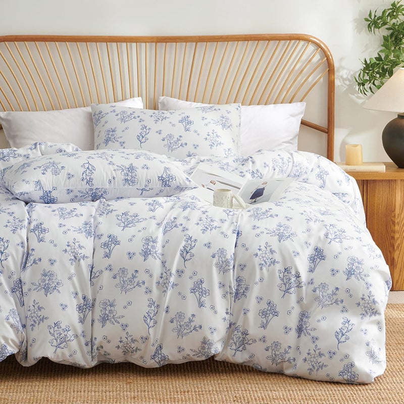 Nayoroom Blue Floral Duvet Cover Queen Size Cottagecore Flower Leaf Spring Comforter Cover 3 Pcs Soft Breathable Microfiber Pastoral Aesthetic Bedding Set with Zipper Closure - Image 4