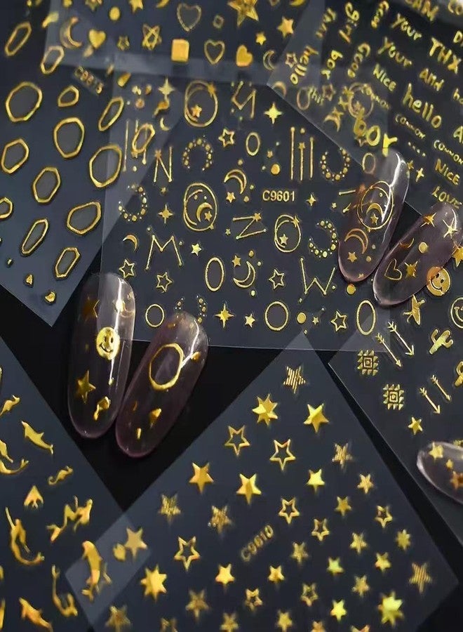 Scheibe 3D Golden Nail Art Stickers, 8 Sheets, Celestial Stars Moons Hearts Geometric Designs, Self-Adhesive Acrylic Foil Decals - Image 3