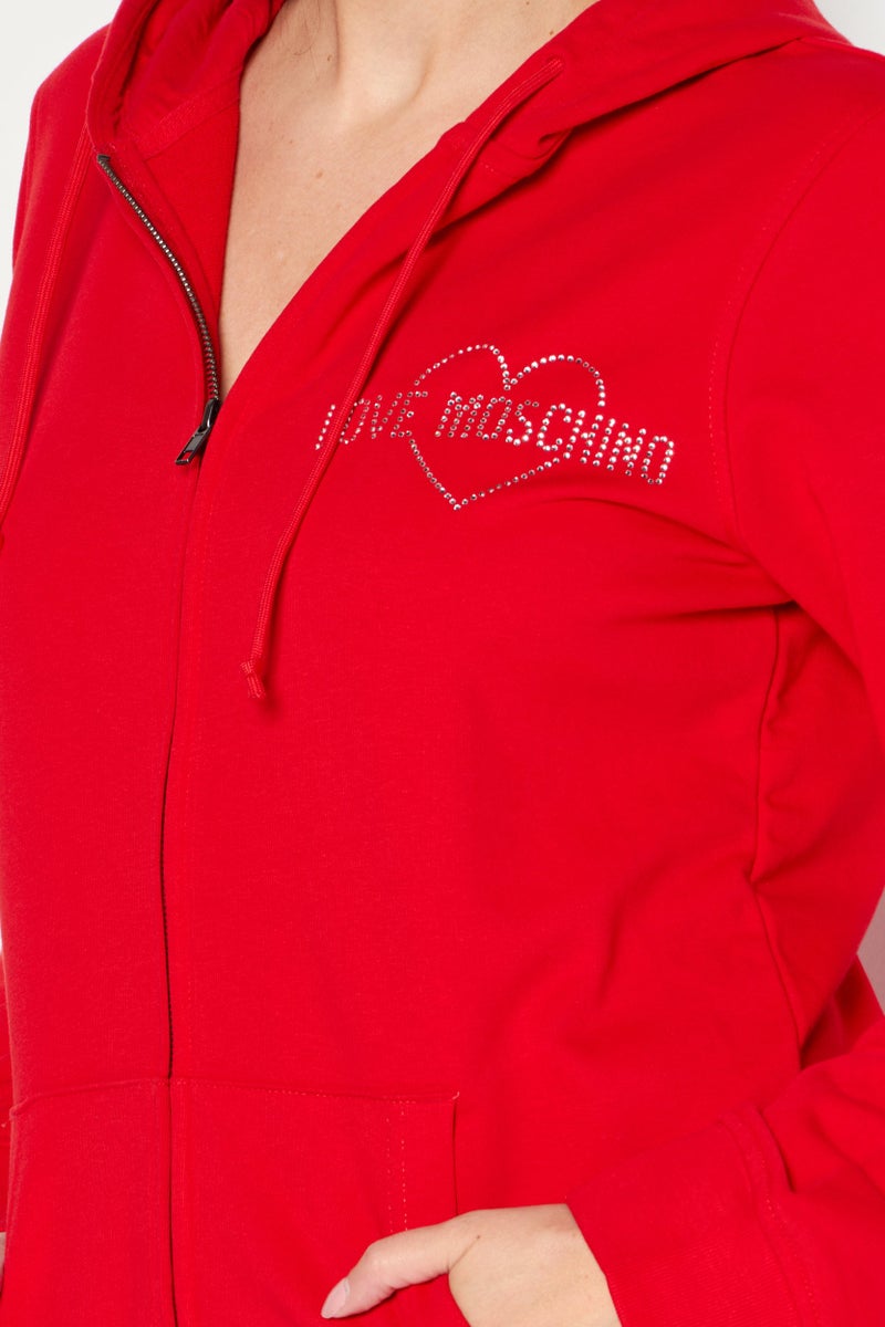 Love Moschino Women Hooded Neck Rhinestone Full Zip Sweatshirt, Red  - Image 3