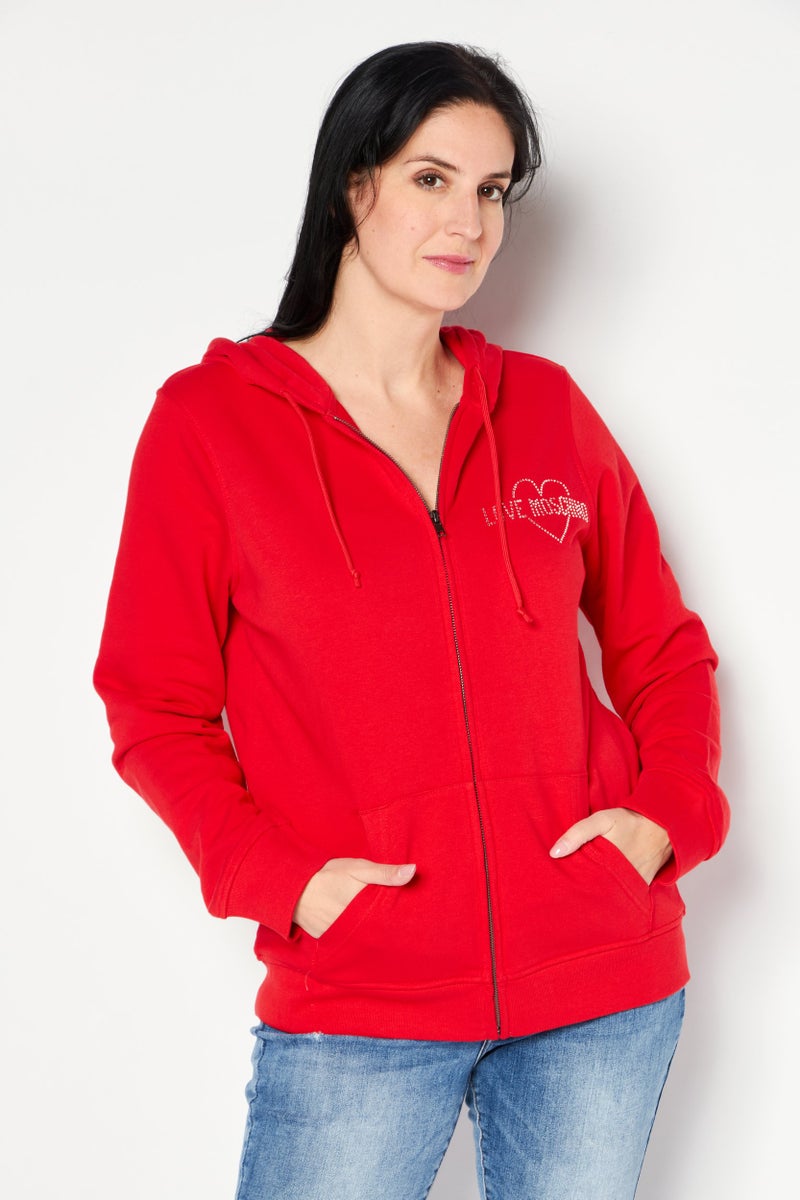 Love Moschino Women Hooded Neck Rhinestone Full Zip Sweatshirt, Red  - Image 1
