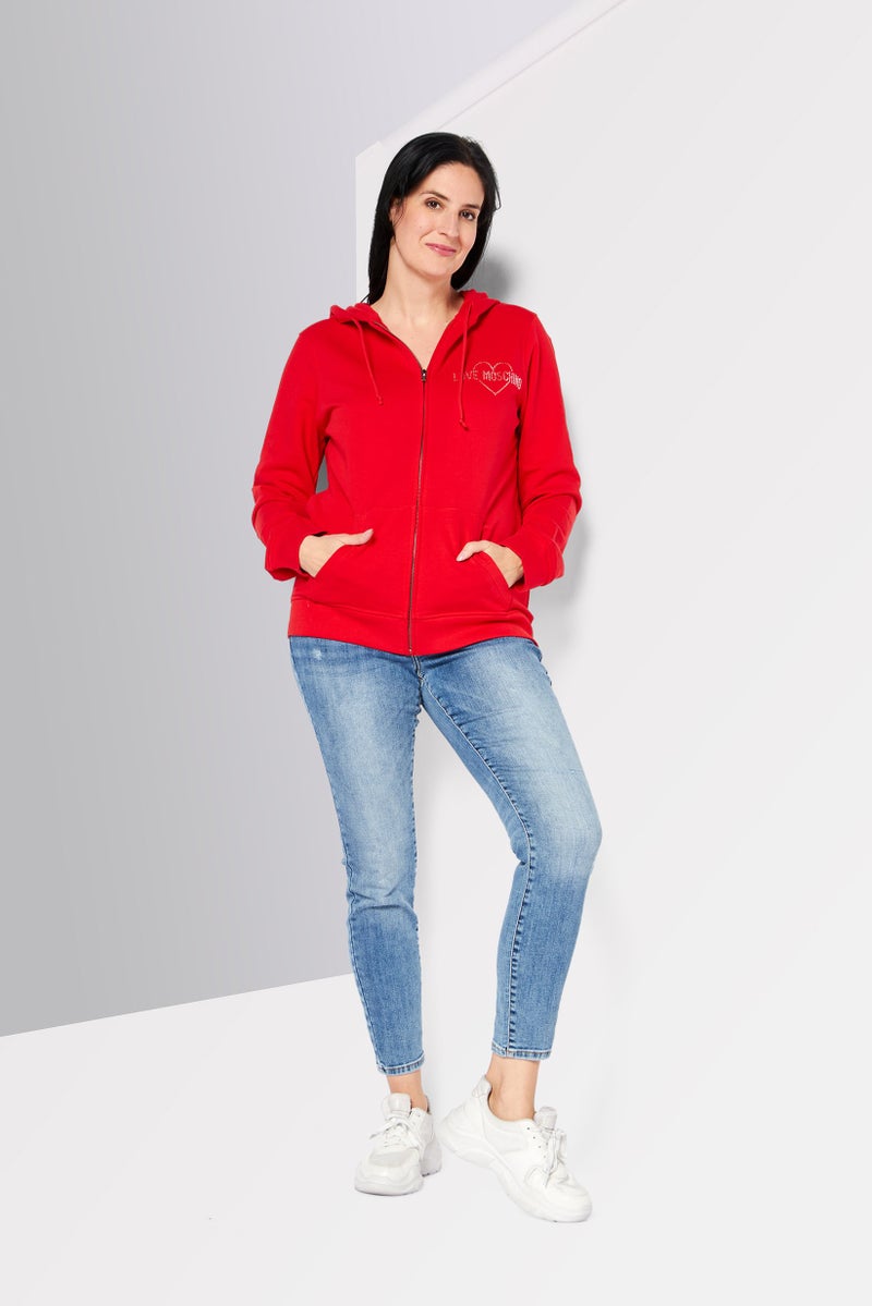 Love Moschino Women Hooded Neck Rhinestone Full Zip Sweatshirt, Red  - Image 2