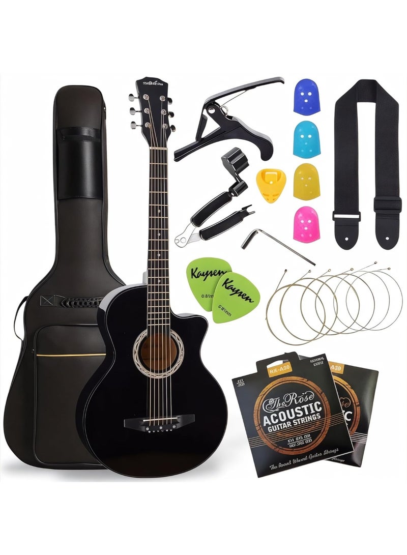 38 inch Acoustic Guitar Set, Black Glossy Finish – With Bag, Strings, Strap, Picks, Capo, Winder & Finger Protectors – Beginners Professional Bundle - Image 1
