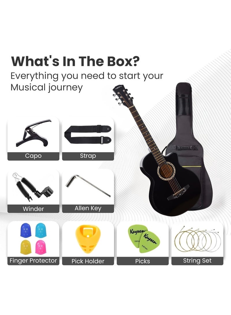 38 inch Acoustic Guitar Set, Black Glossy Finish – With Bag, Strings, Strap, Picks, Capo, Winder & Finger Protectors – Beginners Professional Bundle - Image 2