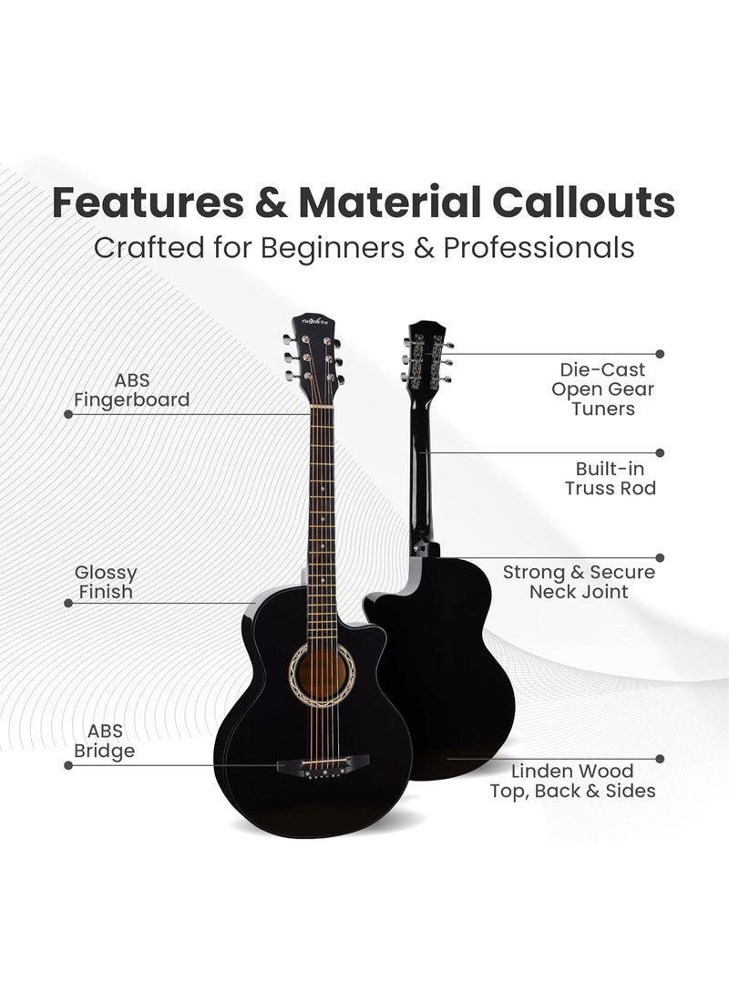 38 inch Acoustic Guitar Set, Black Glossy Finish – With Bag, Strings, Strap, Picks, Capo, Winder & Finger Protectors – Beginners Professional Bundle - Image 3