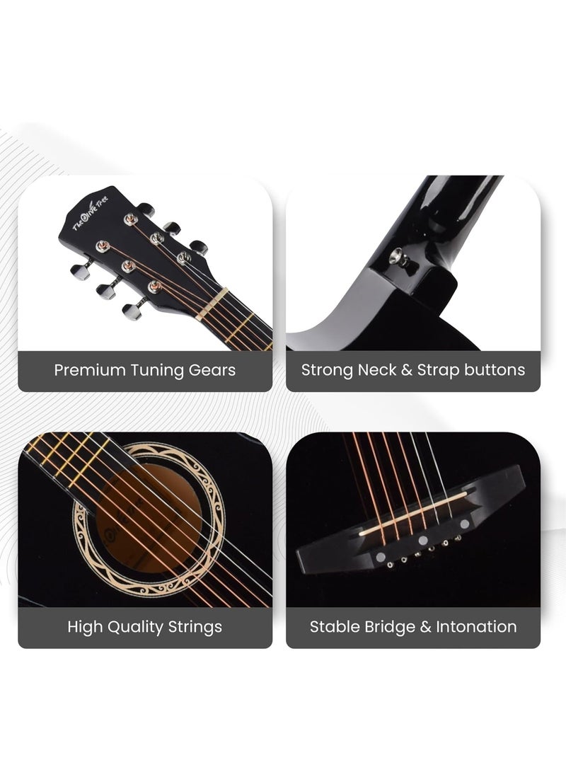 38 inch Acoustic Guitar Set, Black Glossy Finish – With Bag, Strings, Strap, Picks, Capo, Winder & Finger Protectors – Beginners Professional Bundle - Image 4