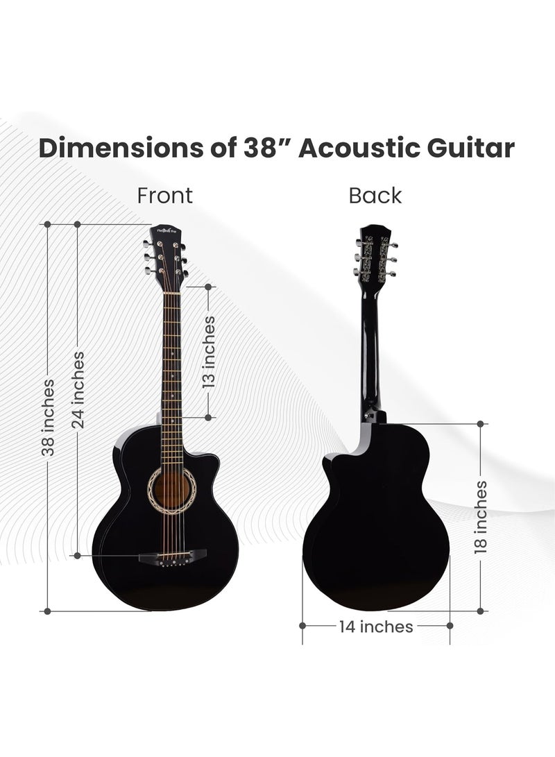 38 inch Acoustic Guitar Set, Black Glossy Finish – With Bag, Strings, Strap, Picks, Capo, Winder & Finger Protectors – Beginners Professional Bundle - Image 5