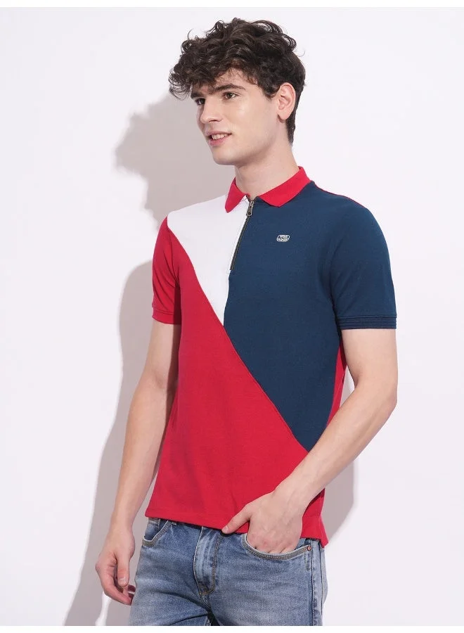 Being Human Mens Red Colorblocked Polo Collar Short Sleeve T-Shirt