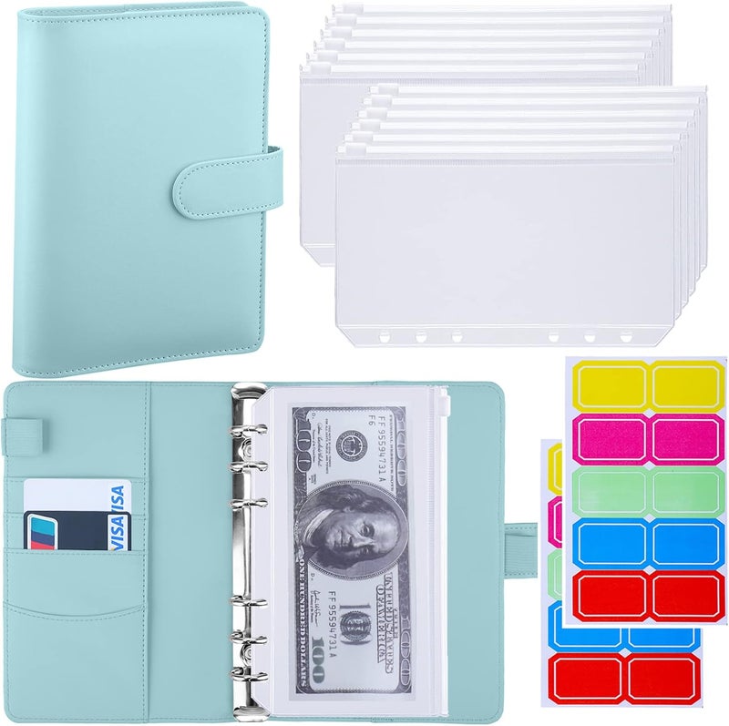 Antner A6 Budget Binder with Zipper Cash Envelopes for Money Organizer & Budgeting, PU Budget Planner Money Saving Binder with Cash Stuffing Envelopes & Labels for Home Office Travel, Mint Blue - Image 1