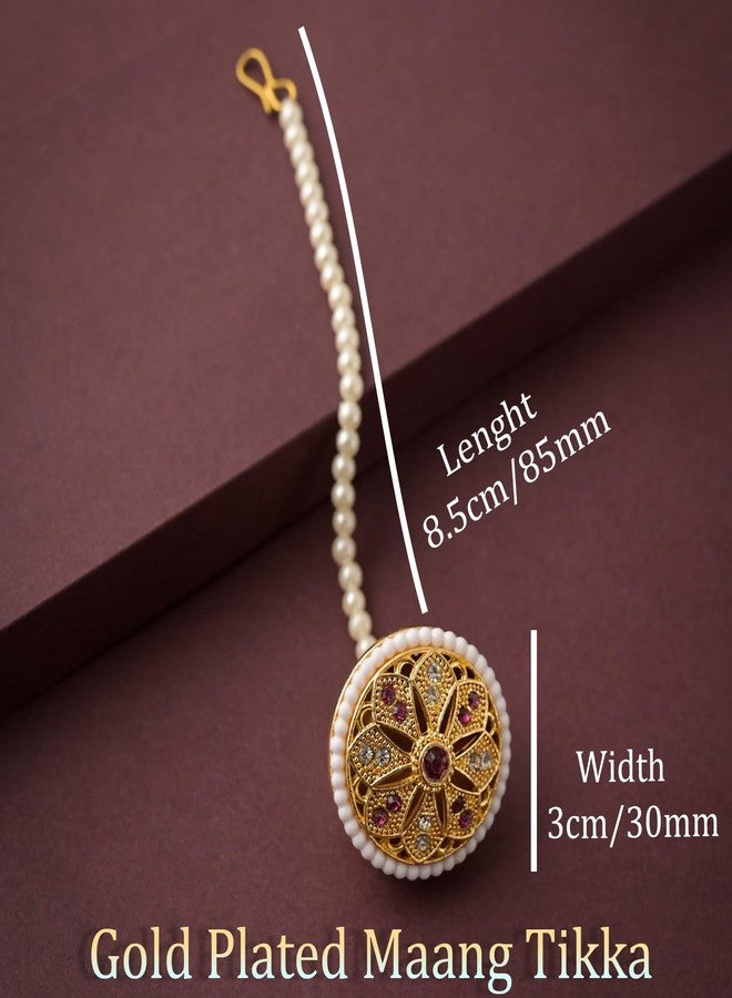 VAMA FASHIONS Traditional Gold Tone Circular Bell Shape Maang Tikka Borla with Beads White Stones Hair Accessory for Women & Girls (Maang Tikka Gold Plated) - Image 3