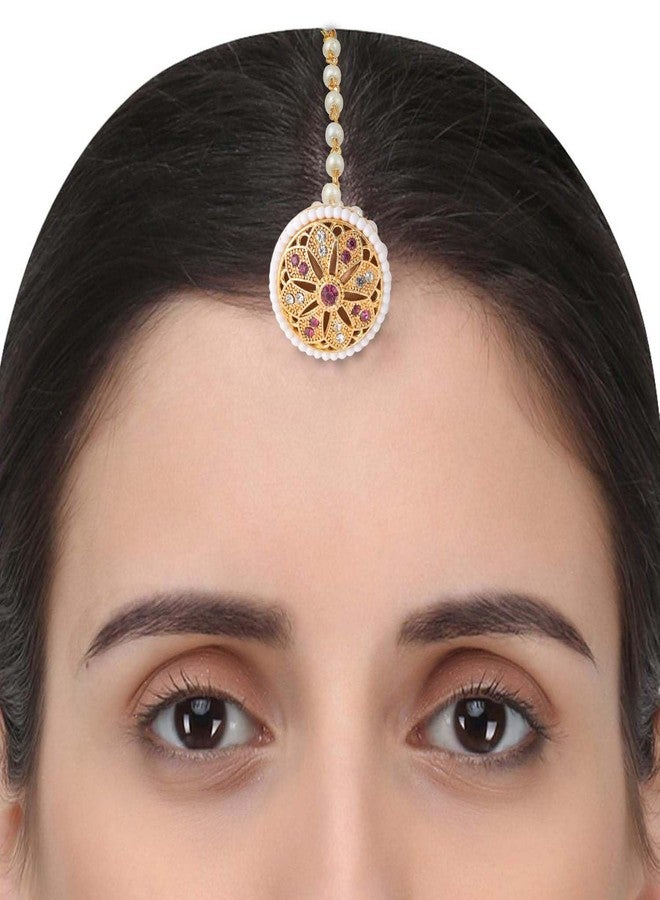 VAMA FASHIONS Traditional Gold Tone Circular Bell Shape Maang Tikka Borla with Beads White Stones Hair Accessory for Women & Girls (Maang Tikka Gold Plated) - Image 2
