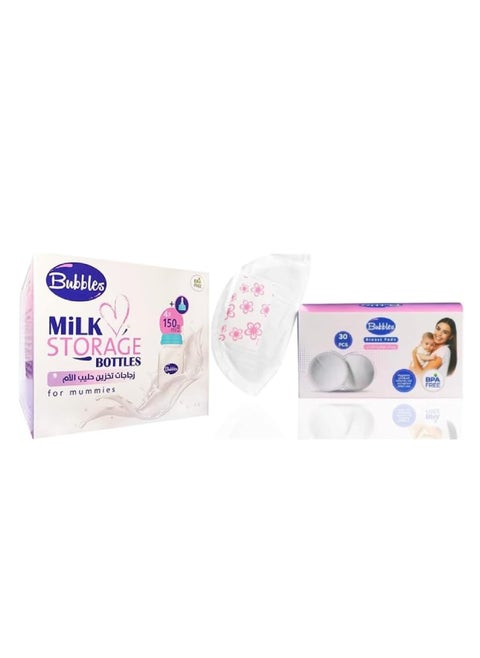 Breast feeding Milk, Made with BPA-free materials Bottles, 4 Pices,+Disposable Nursing Pads, Soft and Super Absorbent Breast Pads up to 120ml, Breastfeeding Supplies for Mums, 30 Pieces