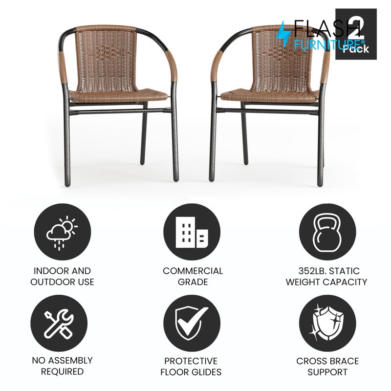 Flash Furniture كراسي تناول الطعام الحديثة من فلاش فرنيتشر ليلا من الخيزران القابل للتكديس، كراسي بيسترو من الخيزران القابل للتكديس للحديقة أو المطعم، مجموعة من 2، بني - Image 2