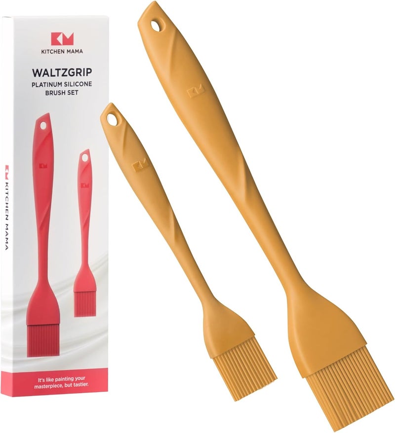 Kitchen Mama فرشاة المعجنات من وولتز جريب مصنوعة من السيليكون البلاتيني: مجموعة من 2 فرشاة مقاومة للحرارة لأدوات الطهي، الخبز، الشواء، الشواء، ونشر الزيت، الزبدة، البيض (أصفر) - Image 1