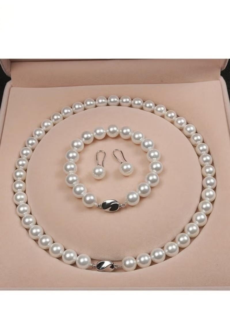 Three-piece Round 8mm white shell Pearl beads Necklace Ring Earring Set for Women Great Idea Gifts for Your Loved Ones - Image 1