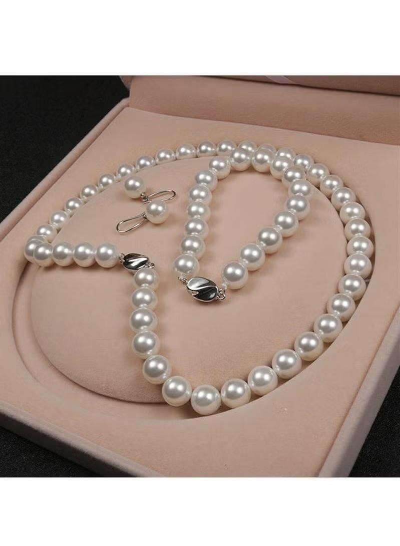 Three-piece Round 8mm white shell Pearl beads Necklace Ring Earring Set for Women Great Idea Gifts for Your Loved Ones - Image 2