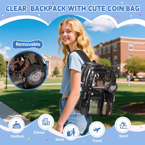 ASKSKY Clear Backpacks for Stadium Events Heavy Duty Clear Bookbag for School Girls Transparent Back Pack Black Semitransparent - Image 3
