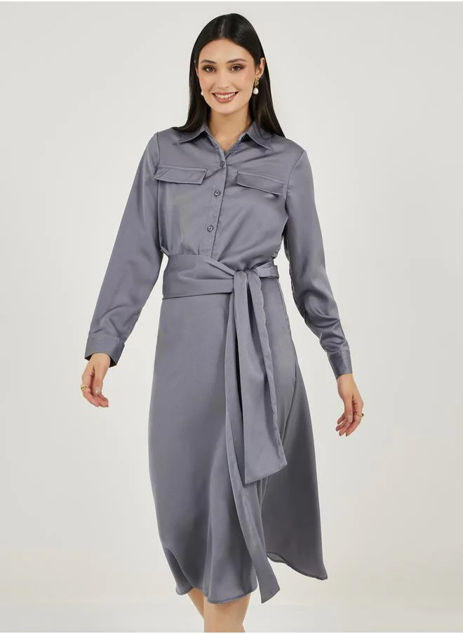 Styli Satin Shirt Midi Dress with Self Tie-Belt