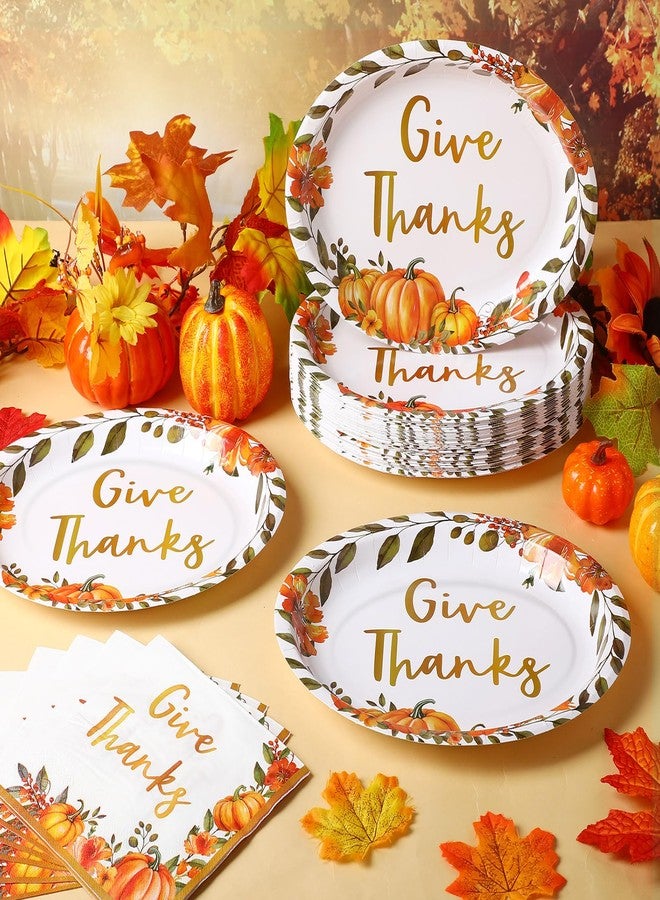 Maxdot 100 Pcs Thanksgiving Plates and Napkins Watercolor Pumpkin Floral Disposable Oval Plates Autumn Paper Dinnerware Set for Fall Harvest Family Party Decorations Supplies, Serves 50 - Image 2