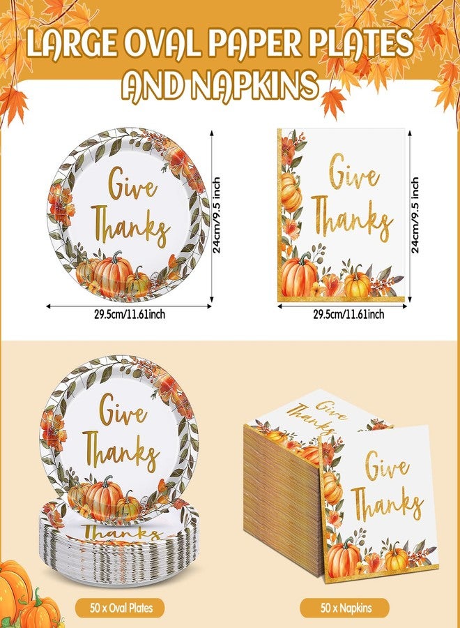Maxdot 100 Pcs Thanksgiving Plates and Napkins Watercolor Pumpkin Floral Disposable Oval Plates Autumn Paper Dinnerware Set for Fall Harvest Family Party Decorations Supplies, Serves 50 - Image 3